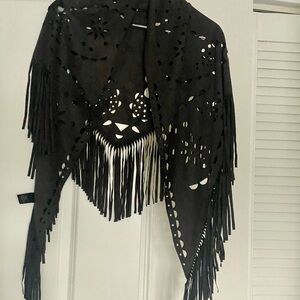 Charcoal Grey Fringe Shawl with Laser Cutout Design